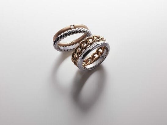 Milano系列双环戒指：玫瑰金镶钻石、白金；白金镶钻石、玫瑰金